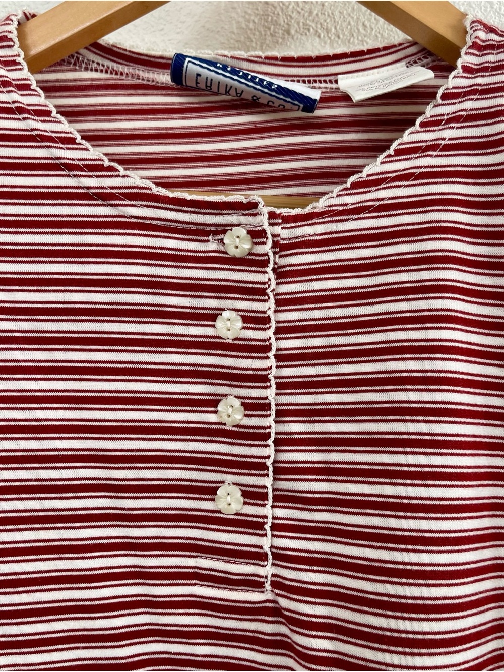 Erika & Co Brick Red & White Striped Short-Sleeve Henley Tee Pearl Floral Button